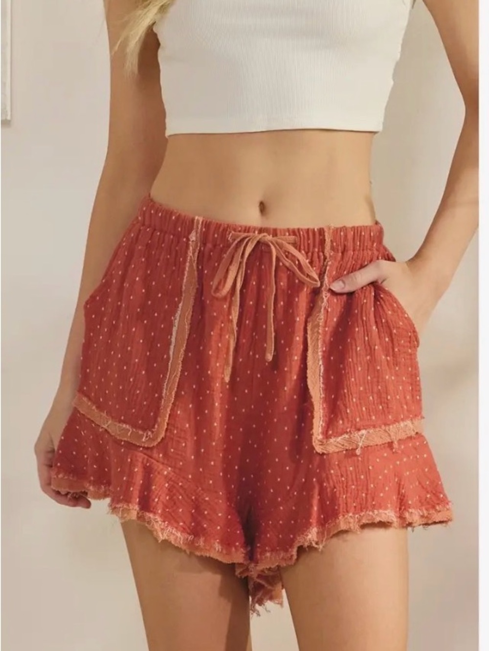 Sage + Fig Boho Polka Dot Frayed Ruffle Shorts Pockets